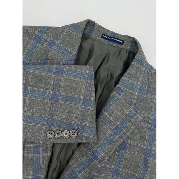 Hart Schaffner Marx Jacket Mens 46S Green Blue Plaid Blazer Wool Silk Linen - Picture 1 of 12